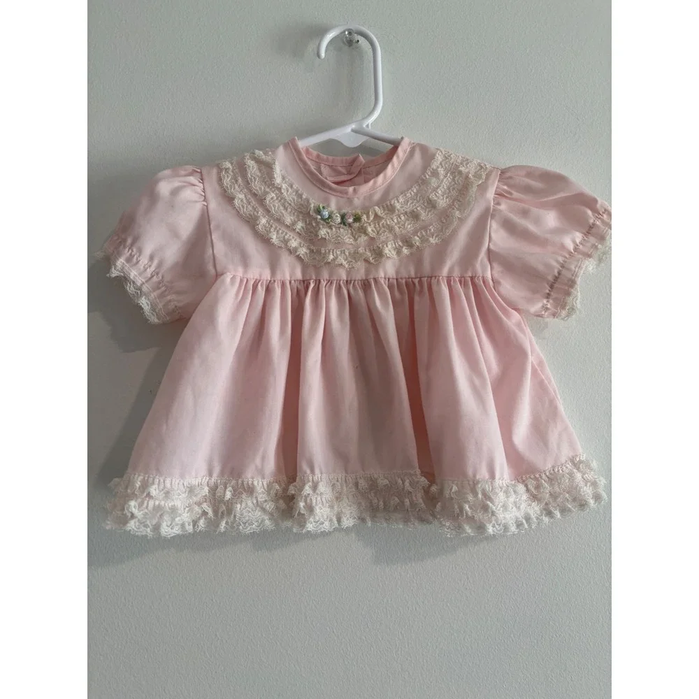 Unbranded Vintage Style Lace Trim Baby‎ Top 6-9M Pink Floral Embroidery Bow girl